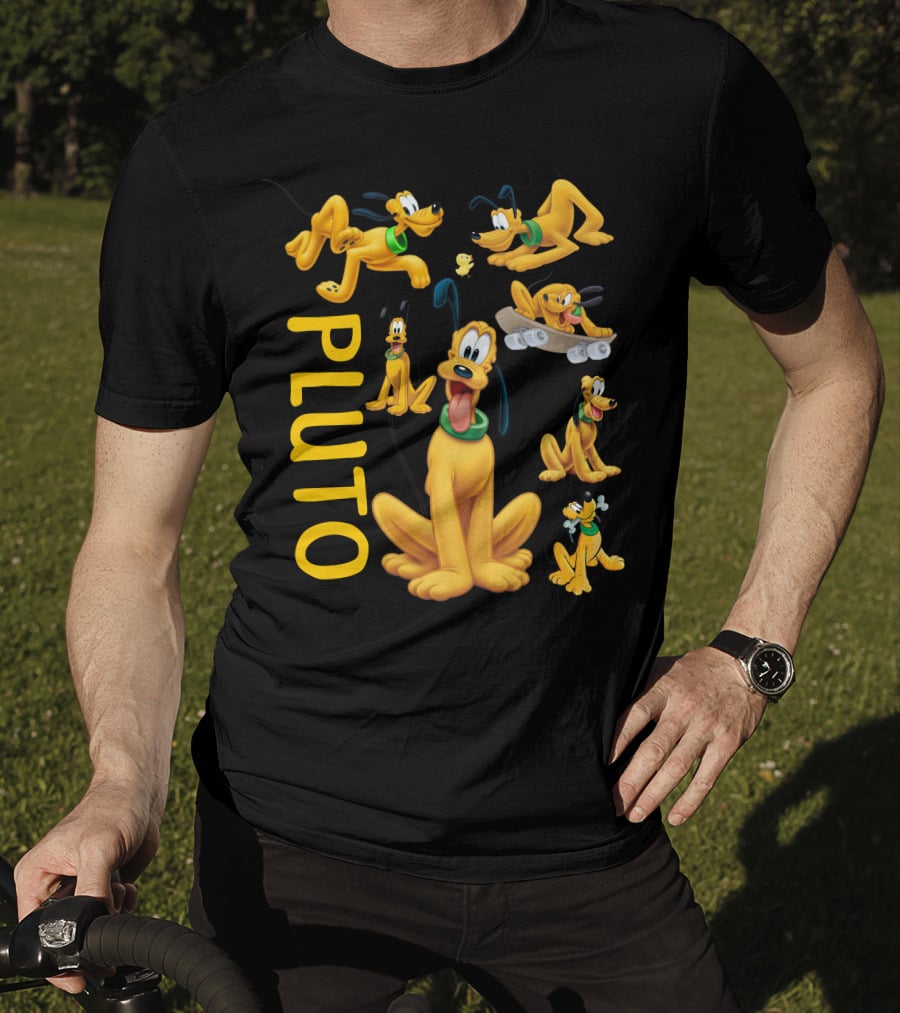 Pluto Character Poses Collection With Skateboarding And Chewy Bone T-Shirt