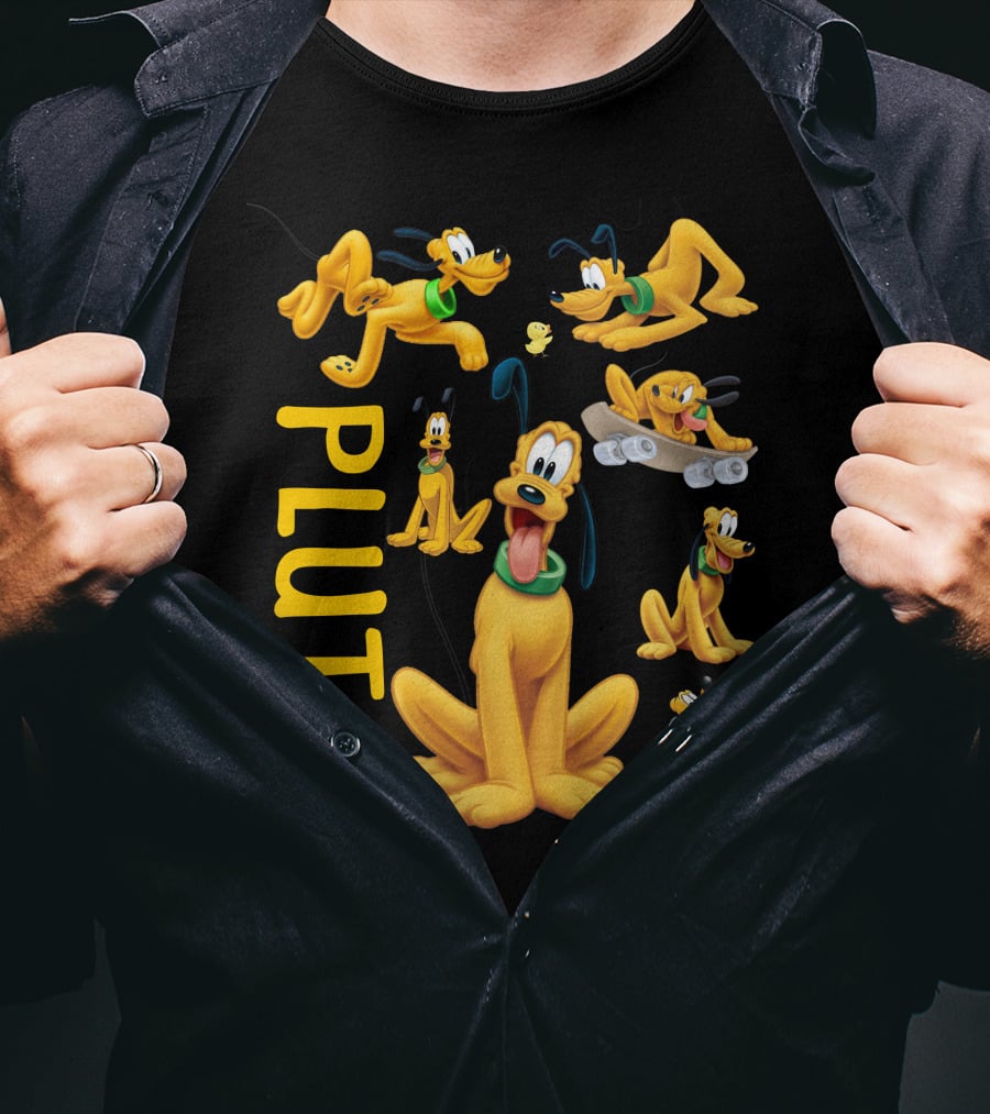 Pluto Character Poses Collection With Skateboarding And Chewy Bone T-Shirt