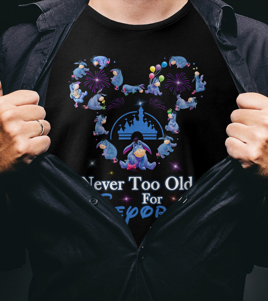Never Too Old For Eeyore Disney Castle Fireworks Balloons T-Shirt