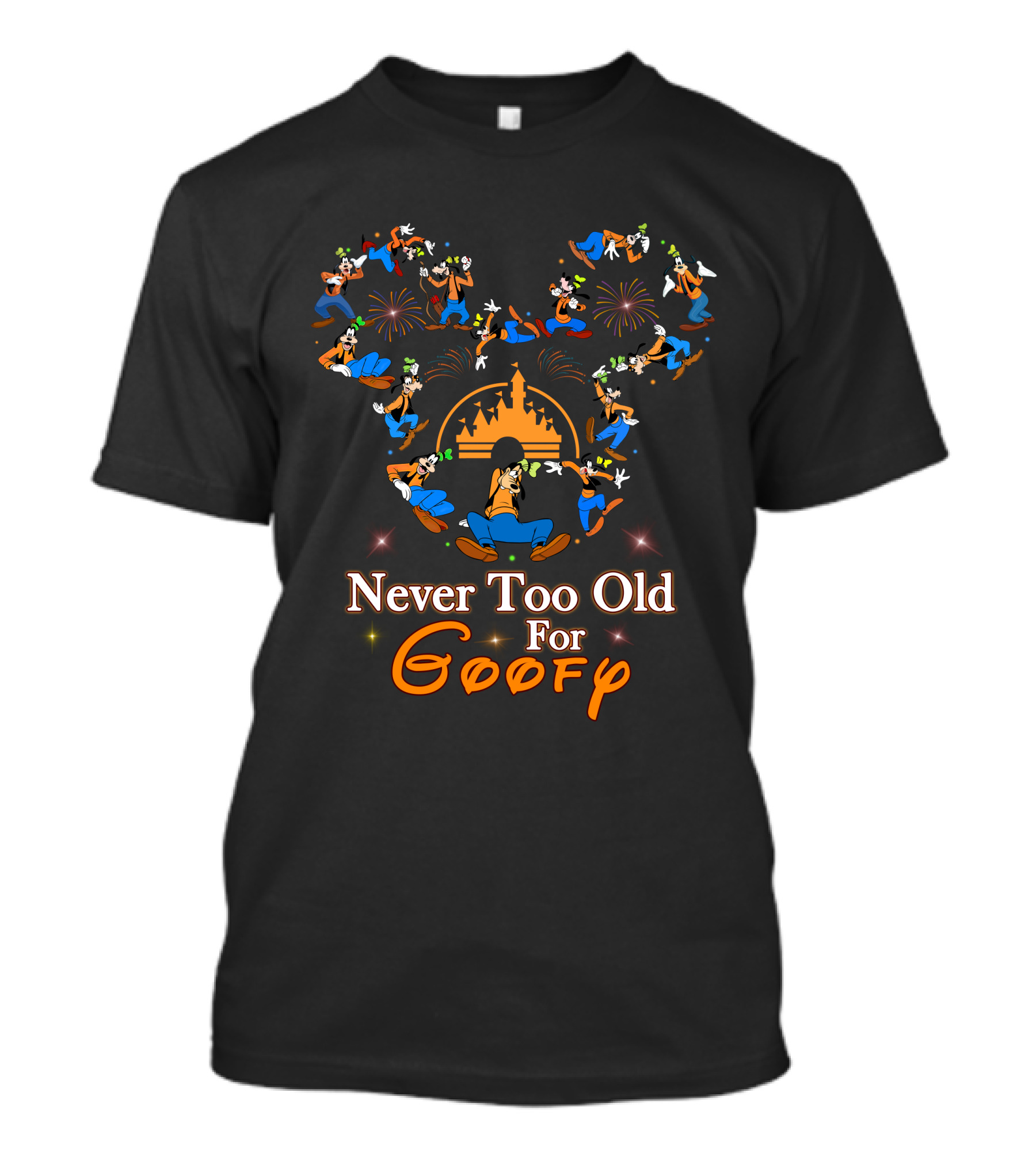 Never Too Old For Goofy Disney Castle Fireworks T-Shirt