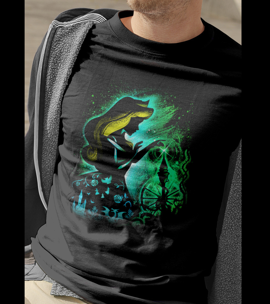 Sleeping Beauty Silhouette With Spinning Wheel And Enchanted Forest Elements T-Shirt