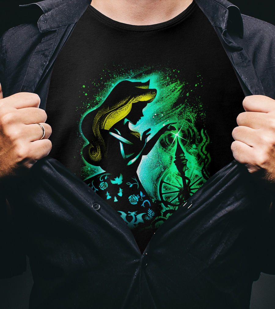 Sleeping Beauty Silhouette With Spinning Wheel And Enchanted Forest Elements T-Shirt