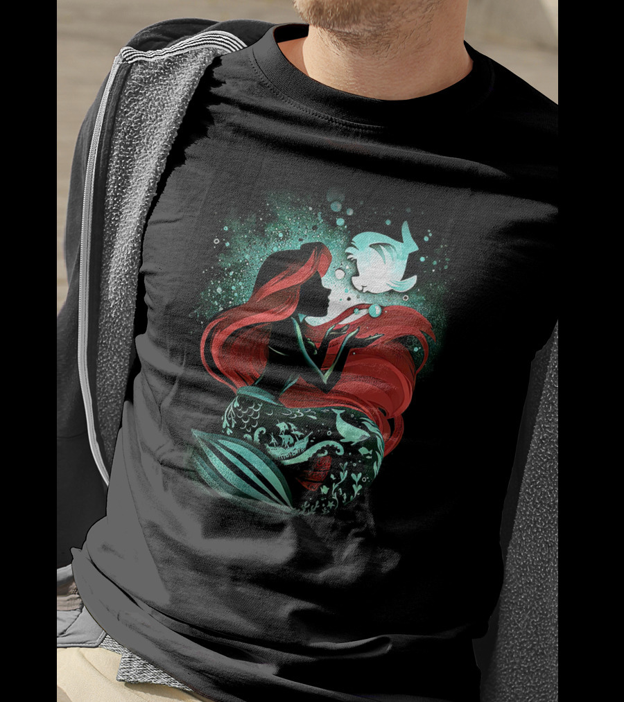 Ariel Mermaid Silhouette With Fish And Red Hair T-Shirt