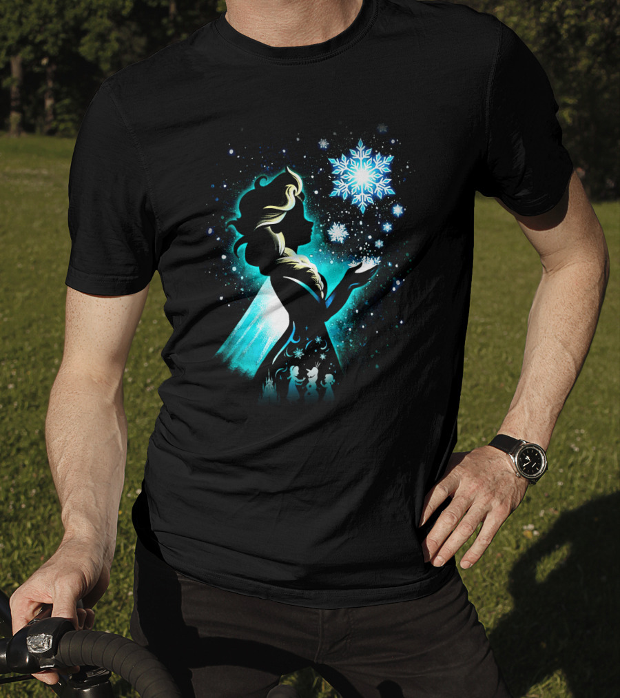 Elsa Silhouette With Snowflakes And Winter Scene T-Shirt