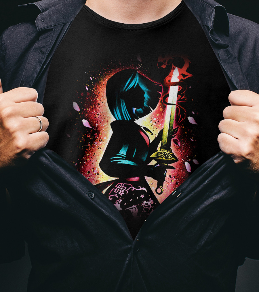 Mulan Silhouette With Sword And Floral Motif T-Shirt