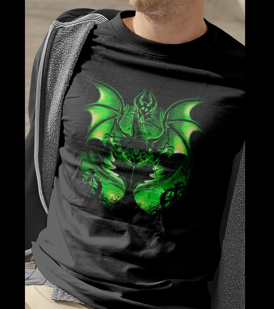 Maleficent 2 Dark Green Dragon Art Fantastical Scene Ravens Winding Thorns T-Shirt