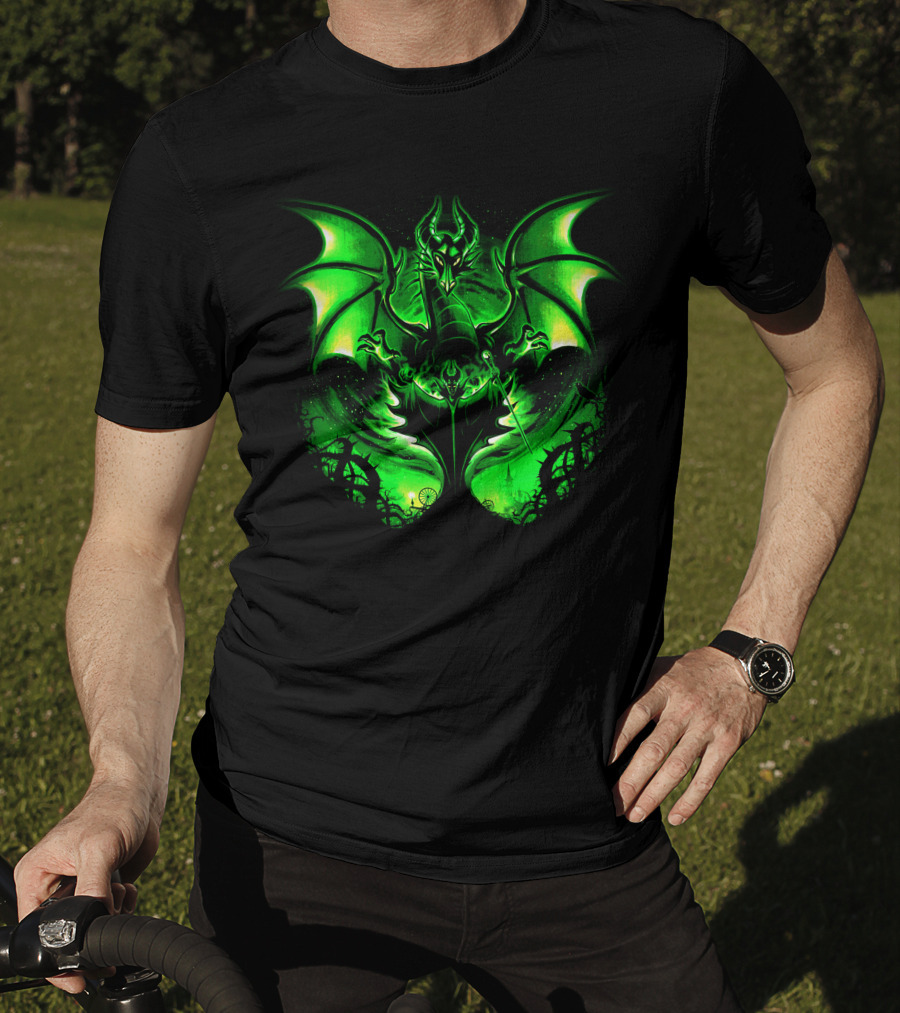 Maleficent 2 Dark Green Dragon Art Fantastical Scene Ravens Winding Thorns T-Shirt
