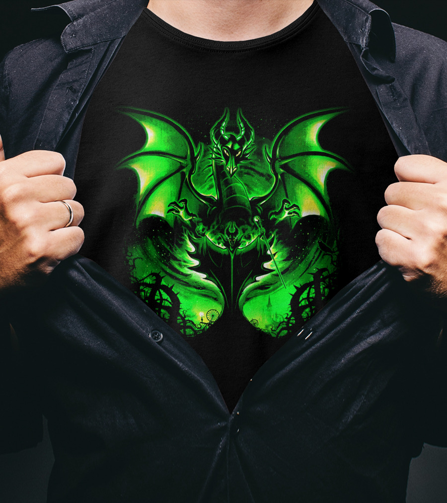 Maleficent 2 Dark Green Dragon Art Fantastical Scene Ravens Winding Thorns T-Shirt