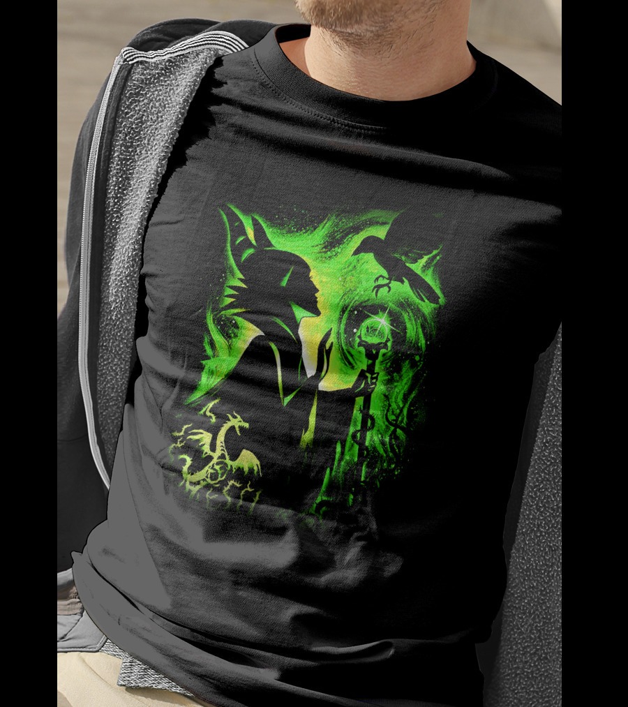 Maleficent 3 Dragon Silhouette And Green Magic Staff Scene T-Shirt