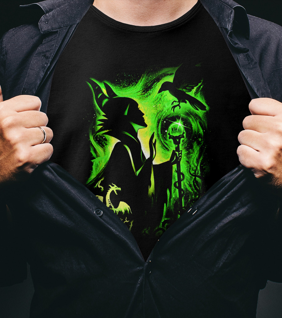 Maleficent 3 Dragon Silhouette And Green Magic Staff Scene T-Shirt