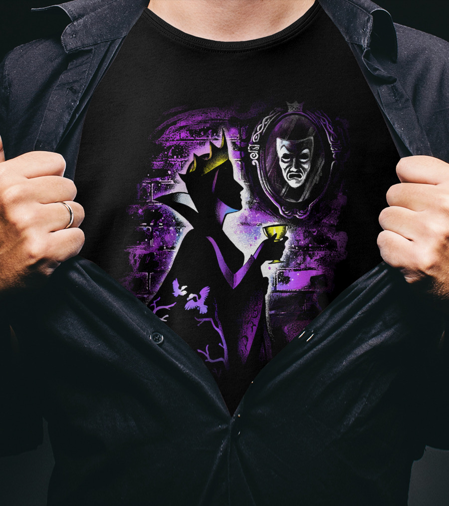 Maleficent Dark Queen Mirror Reflection With Crown And Goblet In Purple Shadows T-Shirt