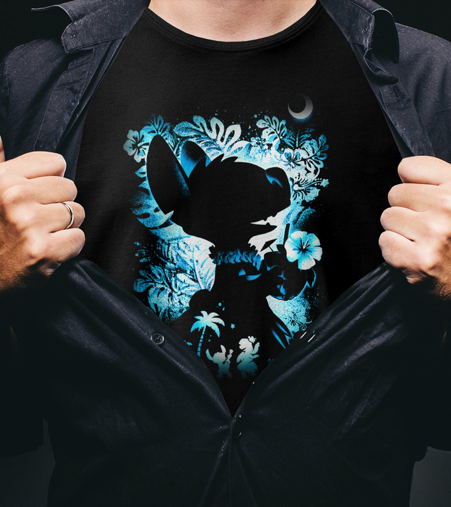 Stitch 2 Midnight Jungle Adventure With Tropical Florals And Crescent Moon T-Shirt
