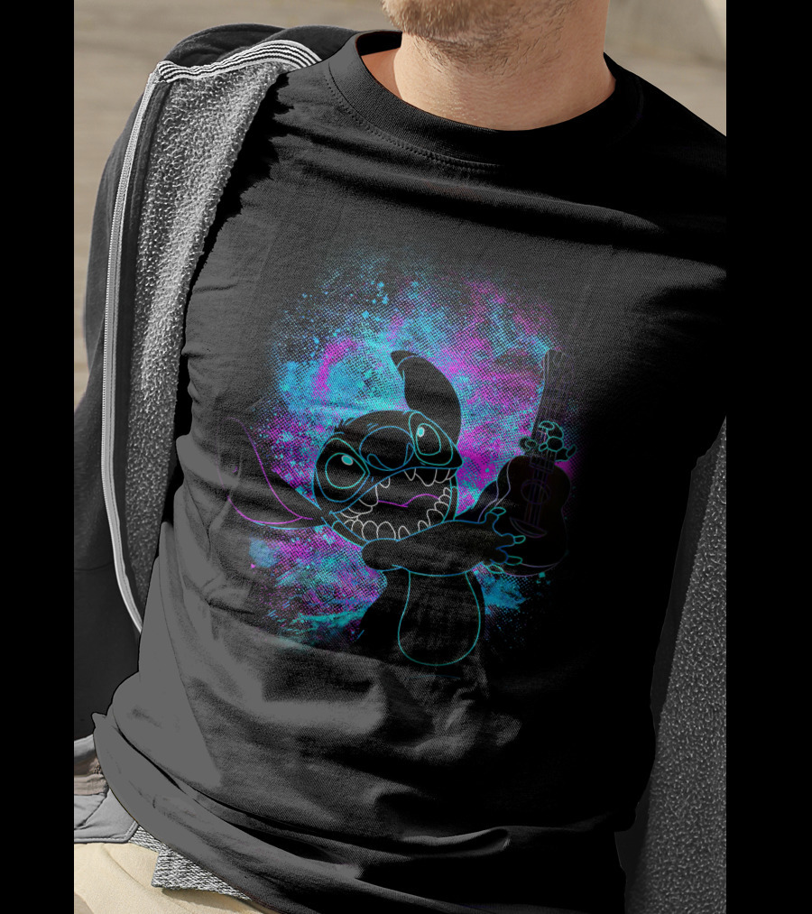 Stitch Neon Glow Playing Guitar Art T-Shirt