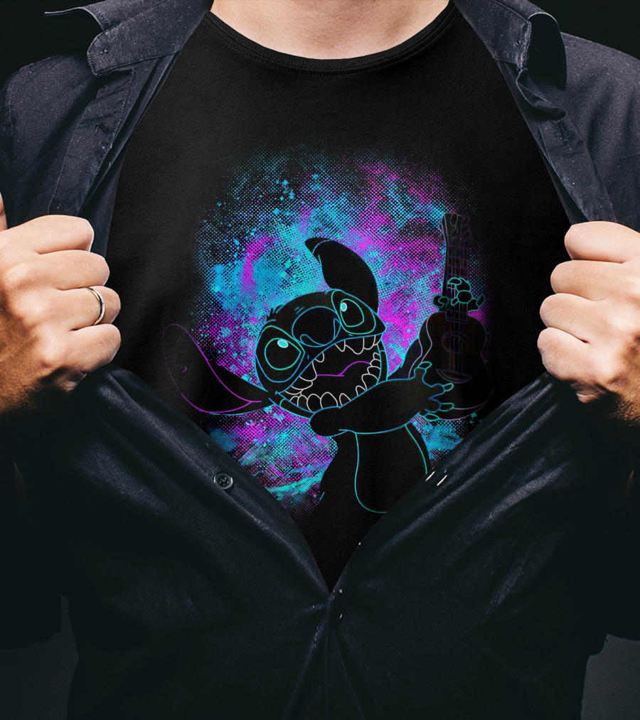 Stitch Neon Glow Playing Guitar Art T-Shirt