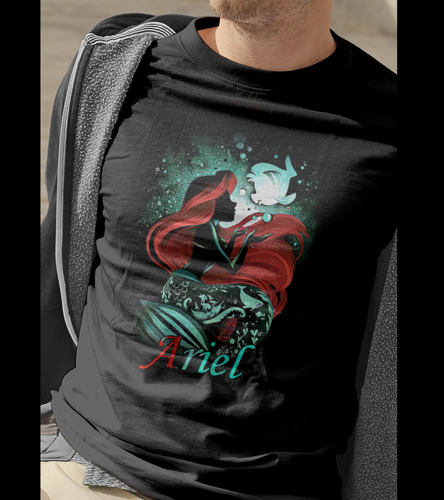 Ariel Silhouette With Red Hair And Fish Bubbles T-Shirt