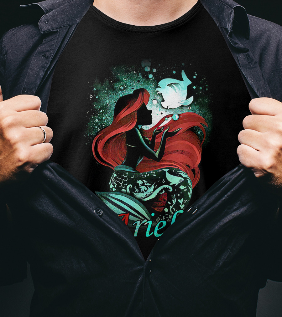 Ariel Silhouette With Red Hair And Fish Bubbles T-Shirt