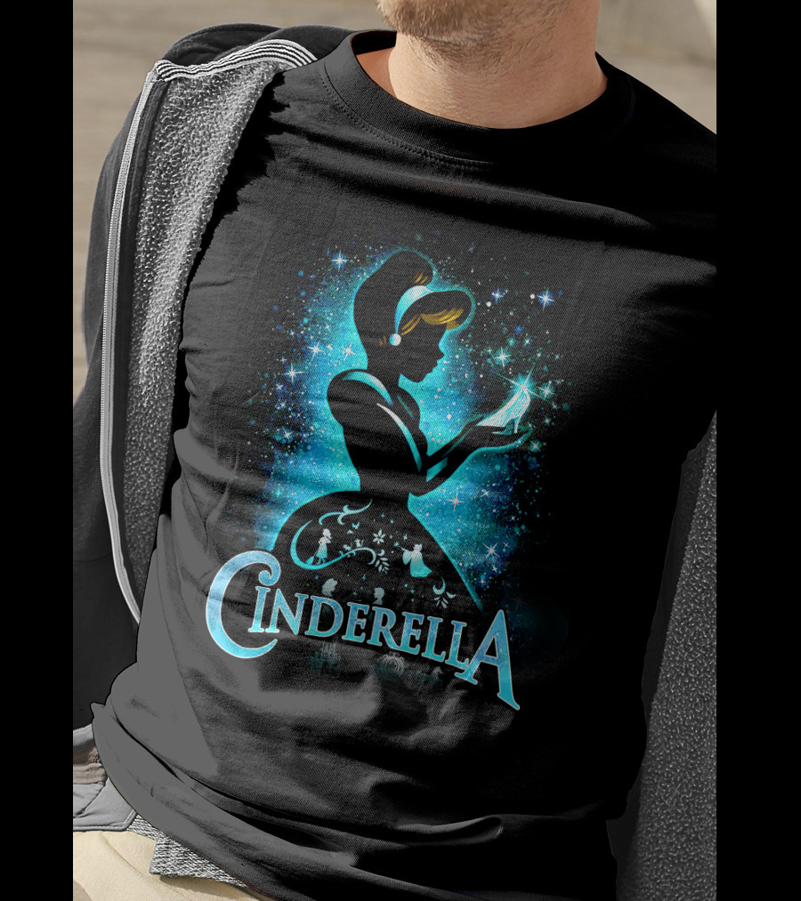Cinderella Silhouette Holding Glass Slipper With Enchanted Blue Starry T-Shirt