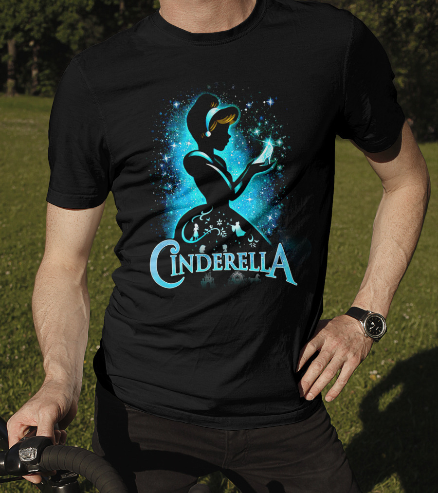 Cinderella Silhouette Holding Glass Slipper With Enchanted Blue Starry T-Shirt