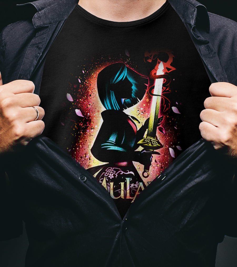 Mulan Sword Silhouette With Blossoms And Colorful T-Shirt