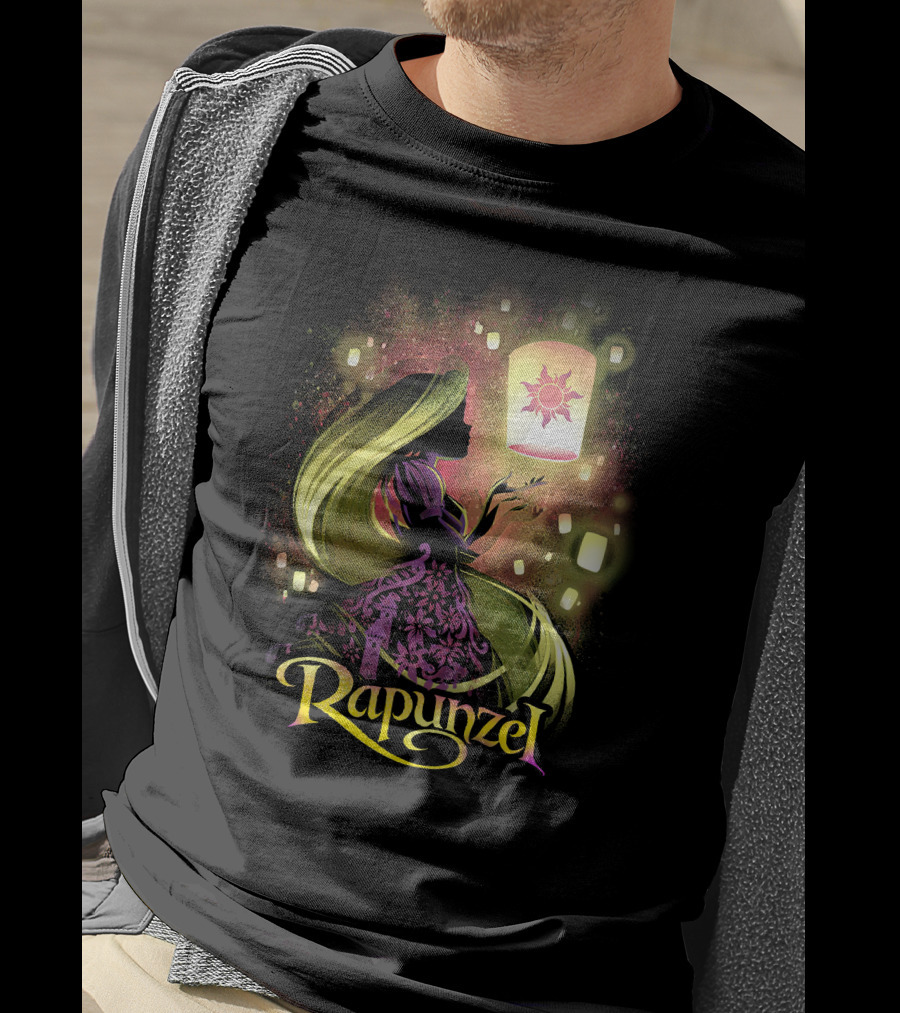 Rapunzel Lantern Silhouette With Glowing Hair And Floating Lights T-Shirt