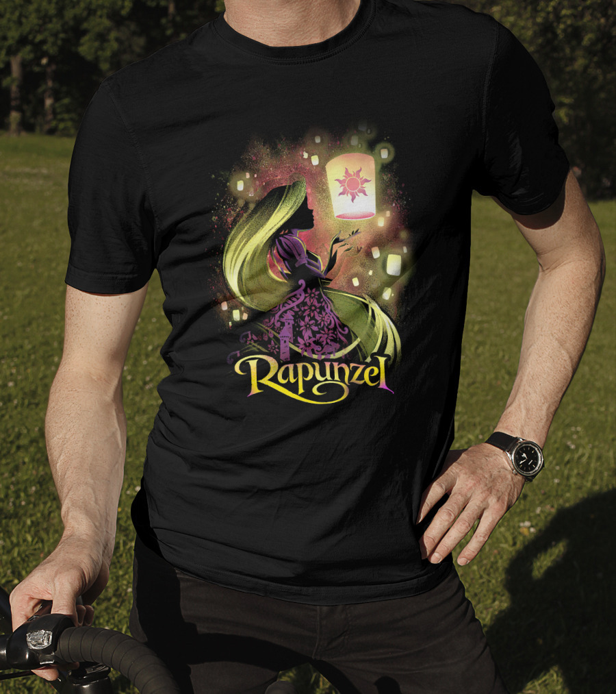 Rapunzel Lantern Silhouette With Glowing Hair And Floating Lights T-Shirt