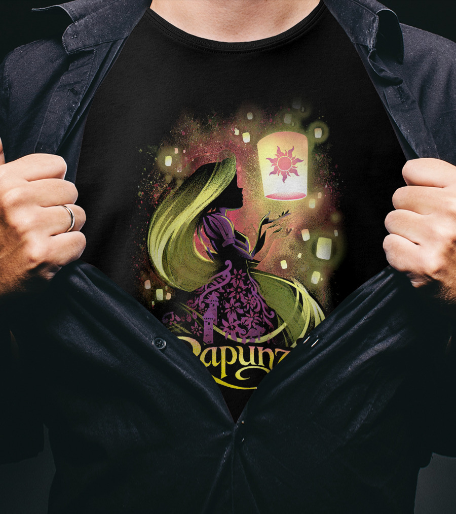 Rapunzel Lantern Silhouette With Glowing Hair And Floating Lights T-Shirt