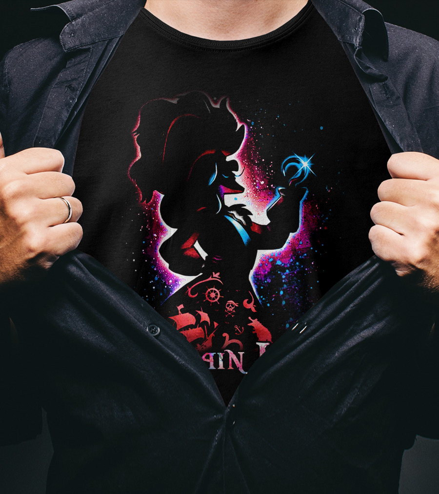 Captain Hook Silhouette With Pirate Ship And Nautical T-Shirt