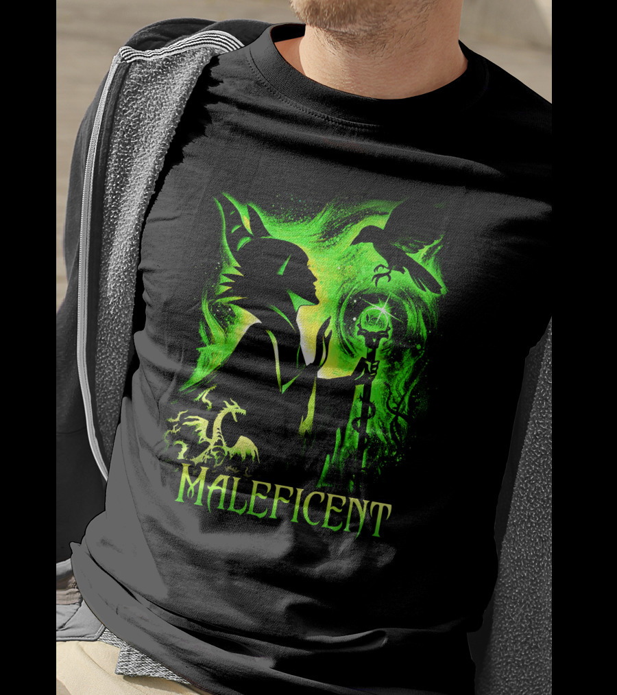 Maleficent Green Silhouette With Dragon Raven And Staff T-Shirt