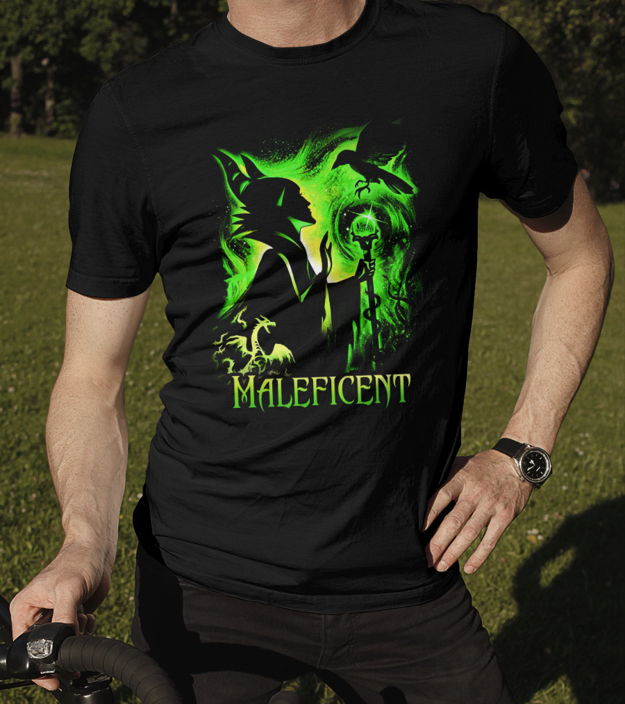 Maleficent Green Silhouette With Dragon Raven And Staff T-Shirt