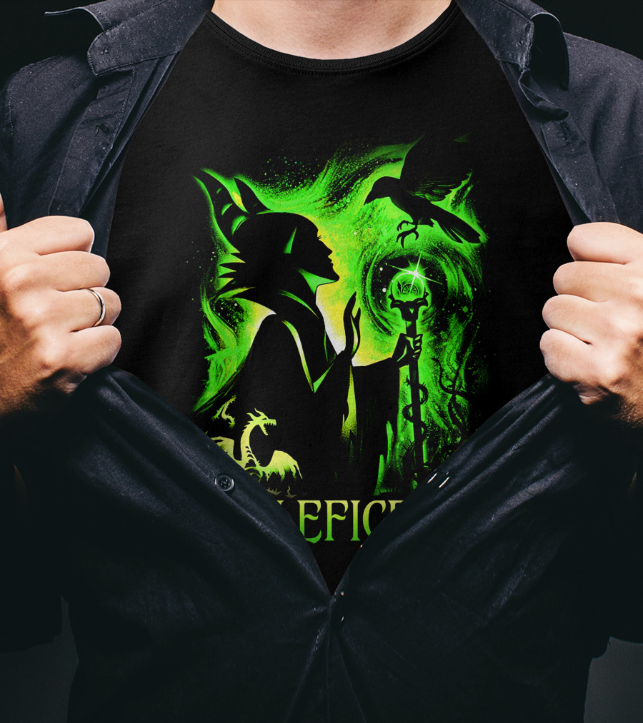 Maleficent Green Silhouette With Dragon Raven And Staff T-Shirt