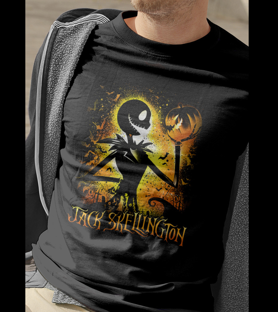 Jack Skellington Holding Pumpkin In Halloween Scene With Bats And Graveyard T-Shirt