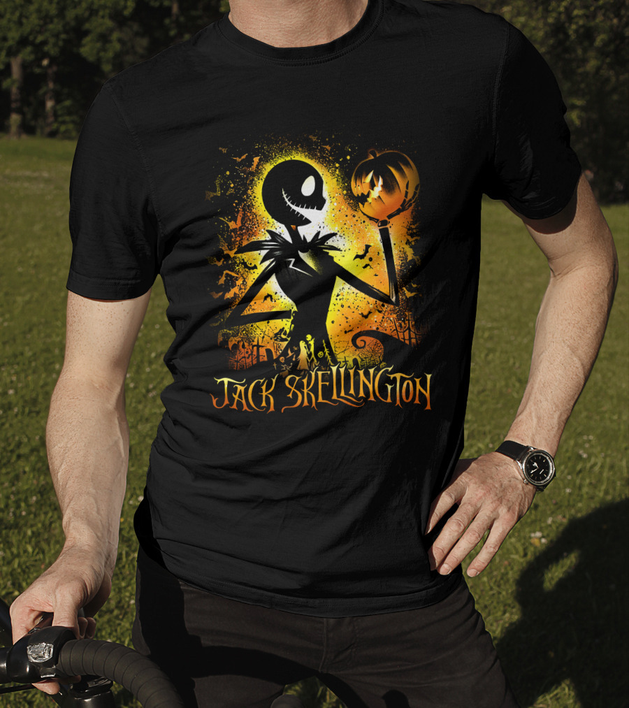 Jack Skellington Holding Pumpkin In Halloween Scene With Bats And Graveyard T-Shirt