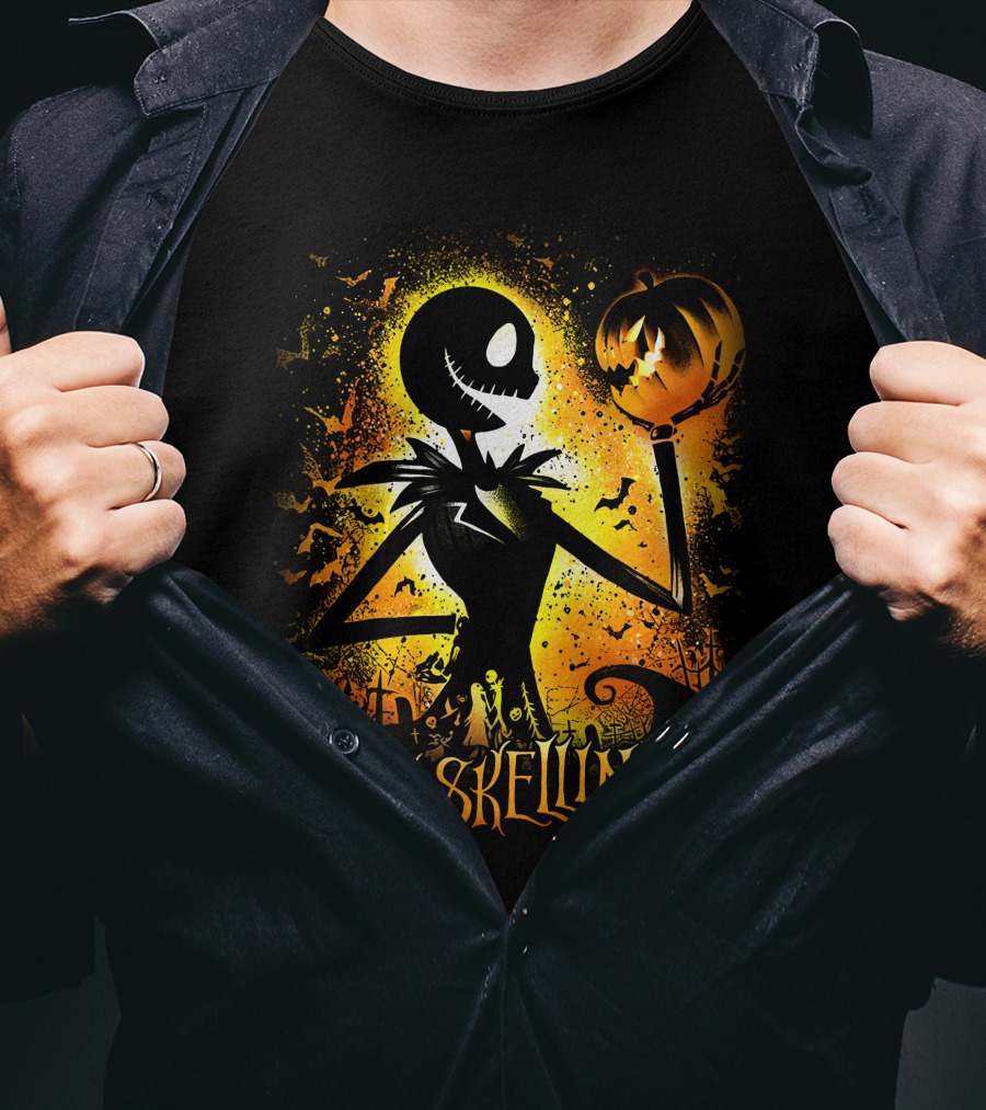 Jack Skellington Holding Pumpkin In Halloween Scene With Bats And Graveyard T-Shirt