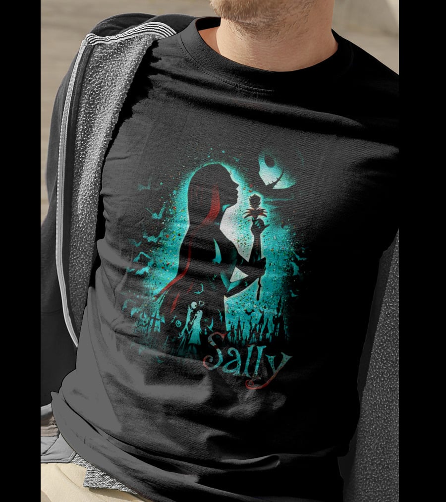 Sally Nightmare Before Christmas Silhouette With Rose And Jack Skellington T-Shirt