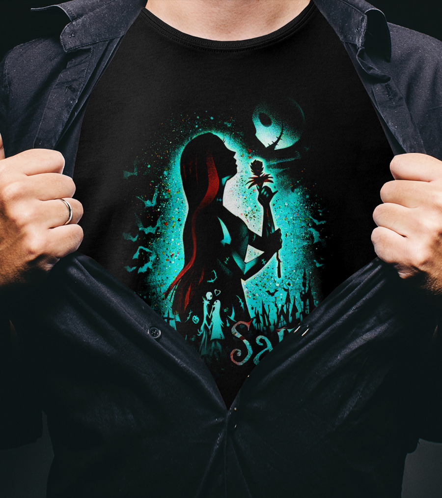 Sally Nightmare Before Christmas Silhouette With Rose And Jack Skellington T-Shirt