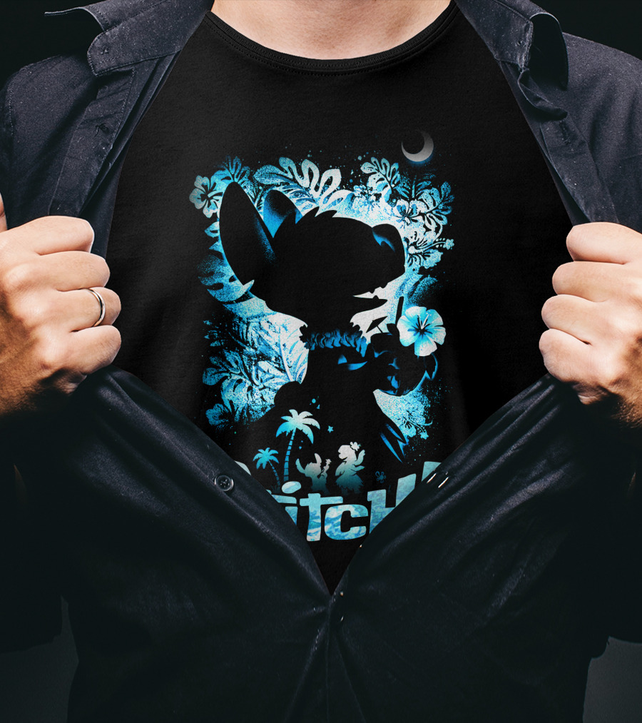 Stitch Tropical Silhouette With Palm Trees And Flowers T-Shirt