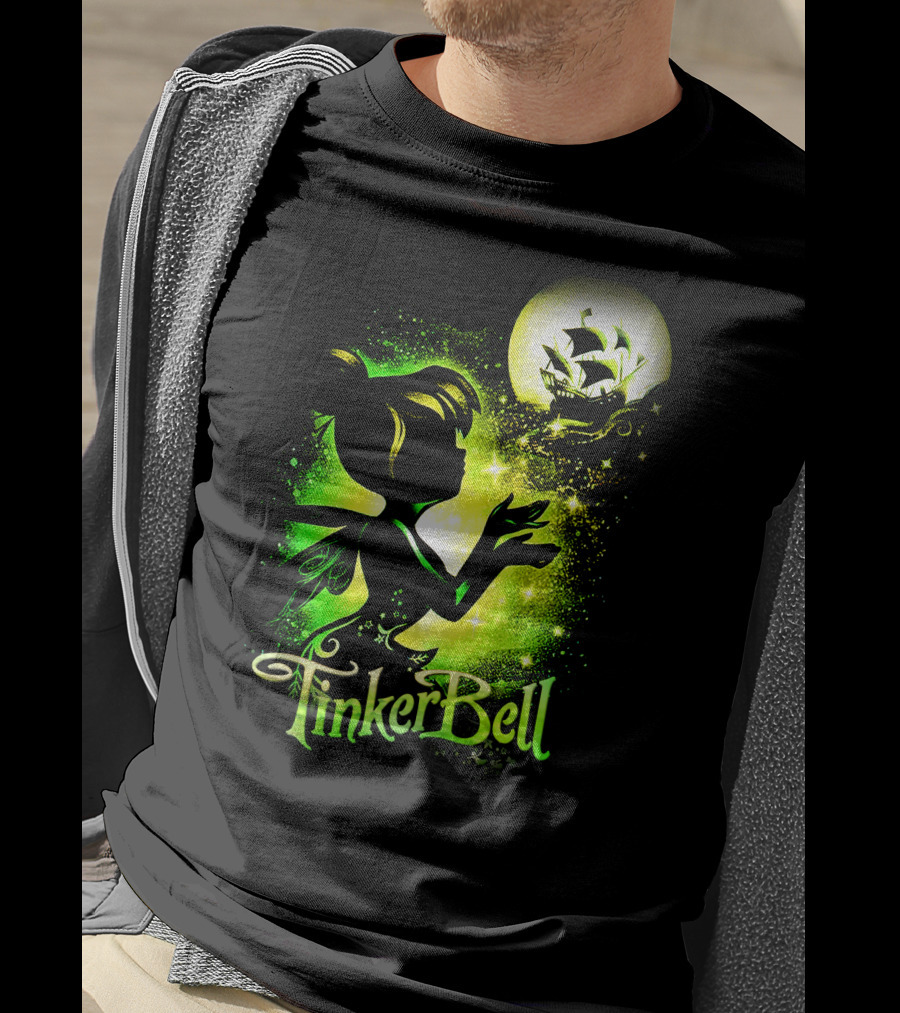 Tinker Bell Silhouette With Ship And Crescent Moon Magic Glow T-Shirt