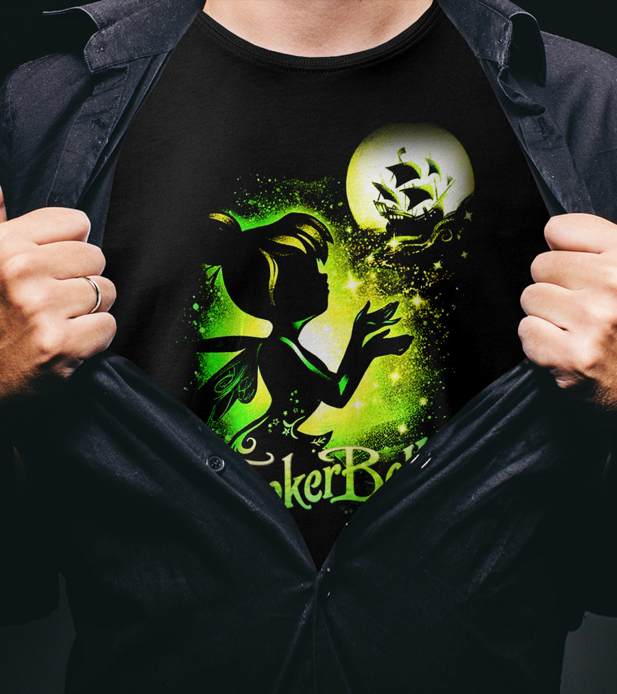 Tinker Bell Silhouette With Ship And Crescent Moon Magic Glow T-Shirt