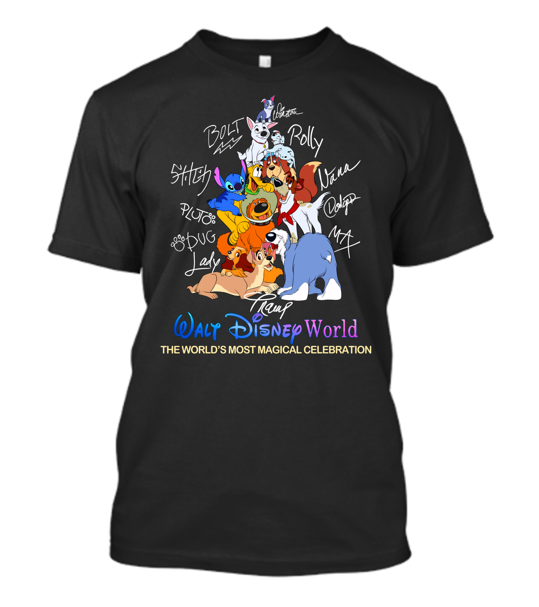 Walt Disney World Dogs Celebration Stitch Pluto Bolt Lady Tramp Nana Dodger Max Pongo Rolly T-Shirt