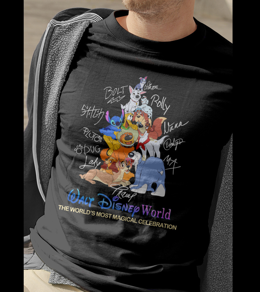 Walt Disney World Dogs Celebration Stitch Pluto Bolt Lady Tramp Nana Dodger Max Pongo Rolly T-Shirt