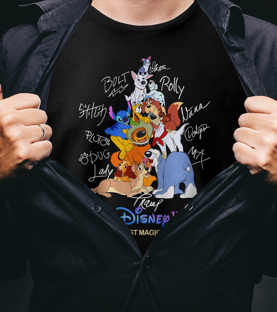 Walt Disney World Dogs Celebration Stitch Pluto Bolt Lady Tramp Nana Dodger Max Pongo Rolly T-Shirt