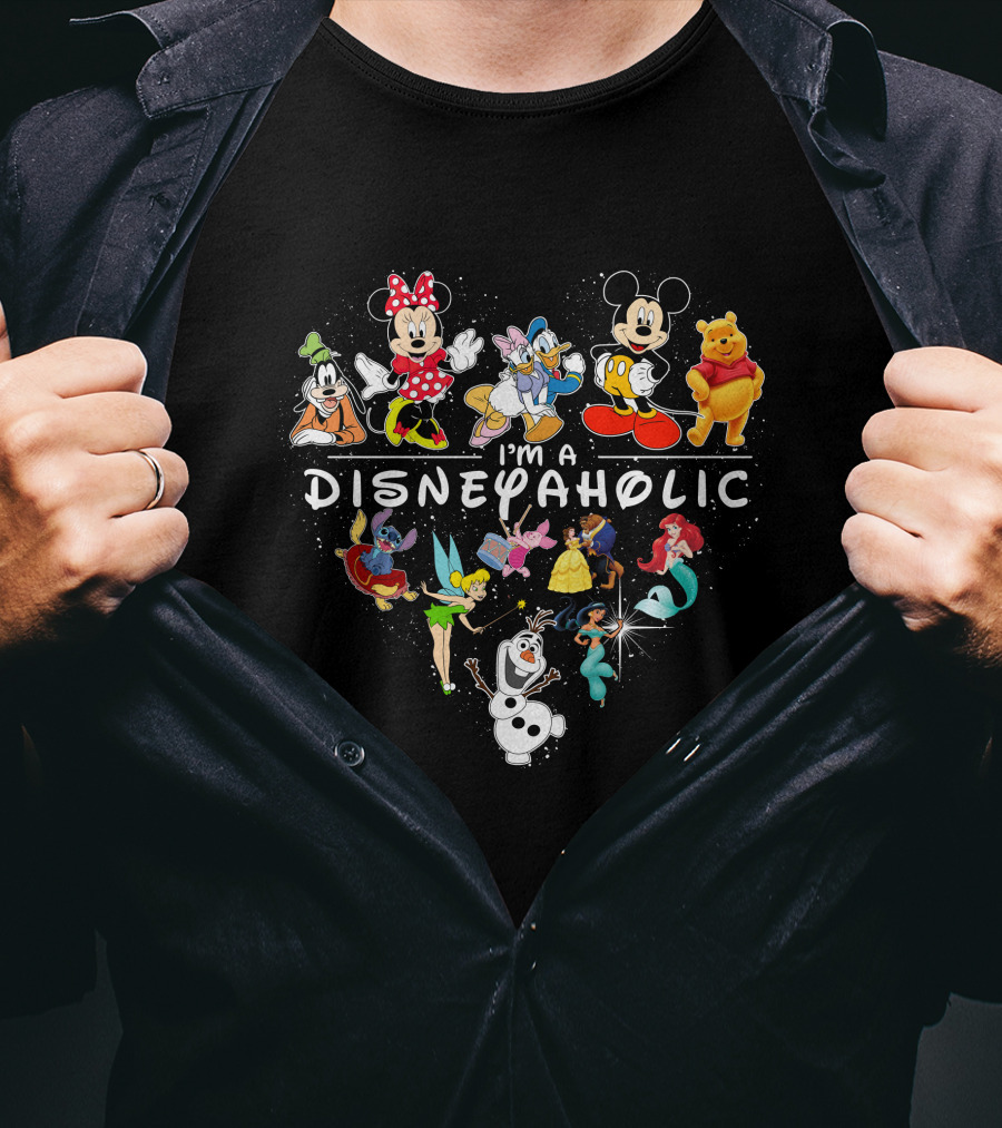 I'm A Disneyaholic Mickey Minnie Donald Goofy Tinker Bell Ariel Olaf Stitch Pooh T-Shirt