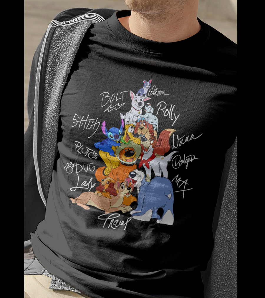 Disney Dogs Bolt Stitch Pluto Dug Lady Tramp Max Nana Dodger Rolly T-Shirt