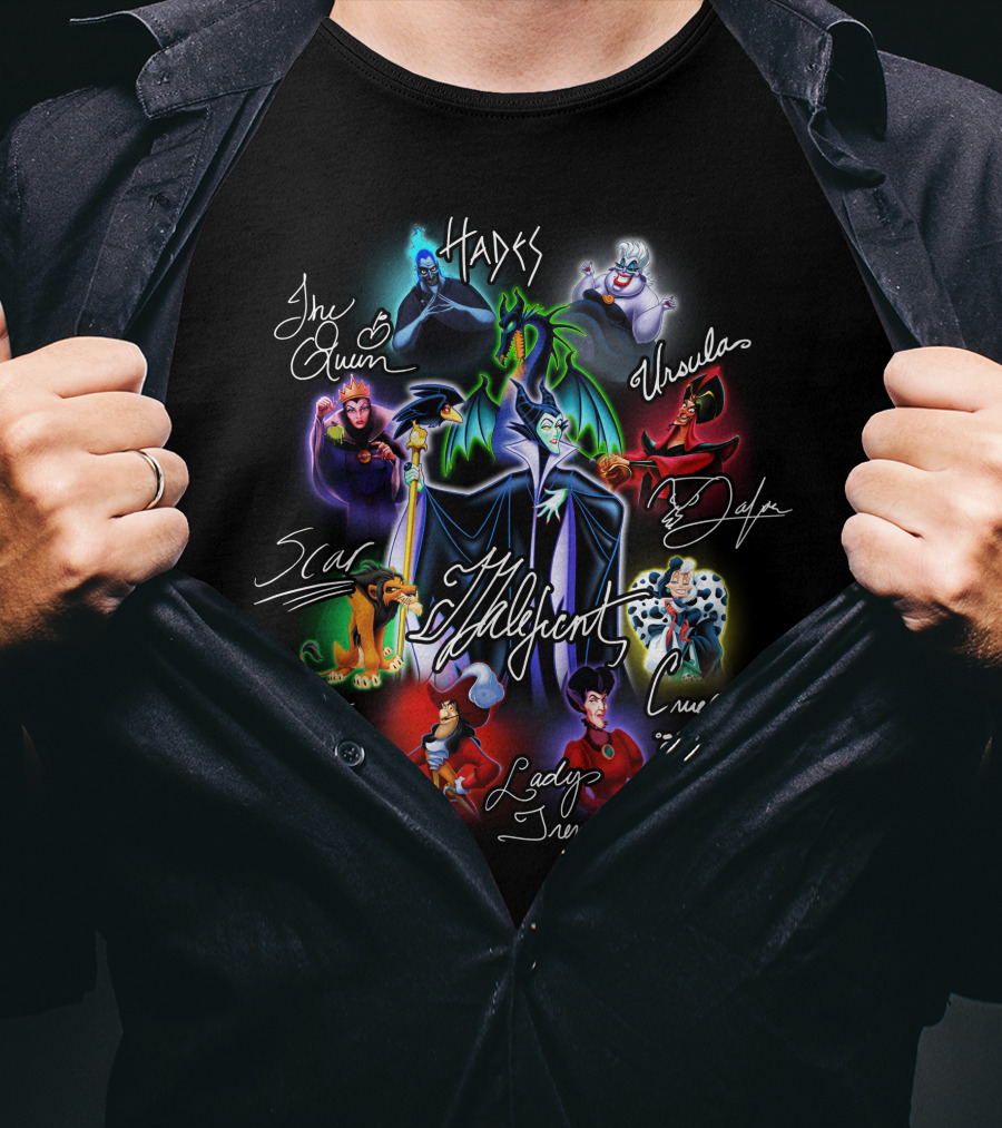 Disney Villains Maleficent Hades Ursula Cruella De Vil Scar Captain Hook Queen Jafar Lady Tremaine T-Shirt
