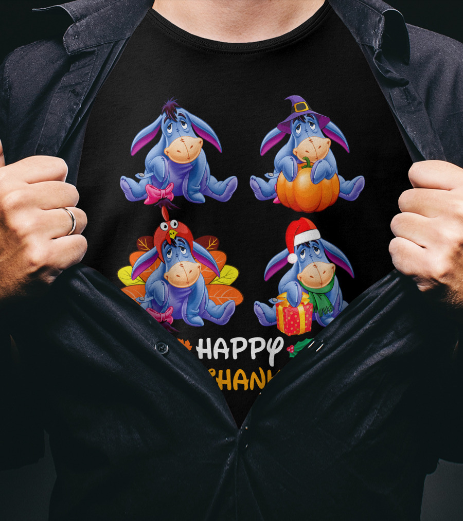 Ee Happy Hallothanksmas Eeyore With Pumpkin Turkey Hat Santa Hat T-Shirt