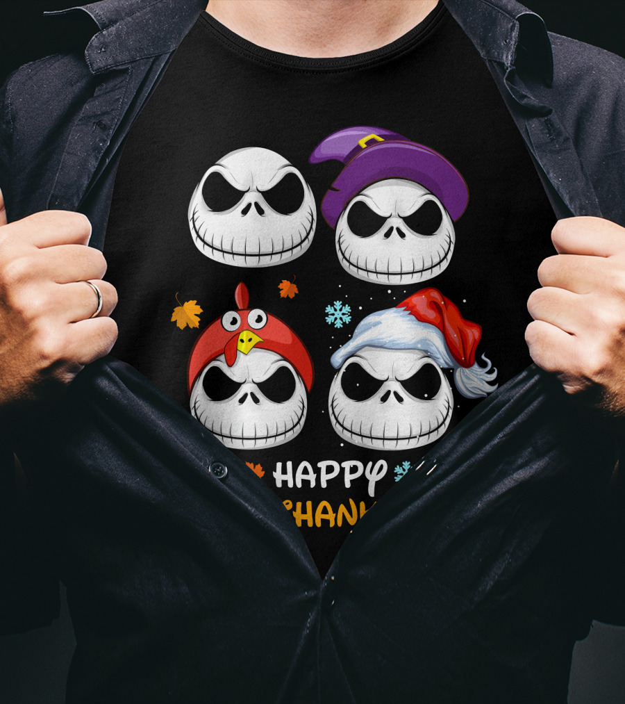 Happy Hallothanksmas Skeleton Faces With Witch Turkey Santa Hats T-Shirt