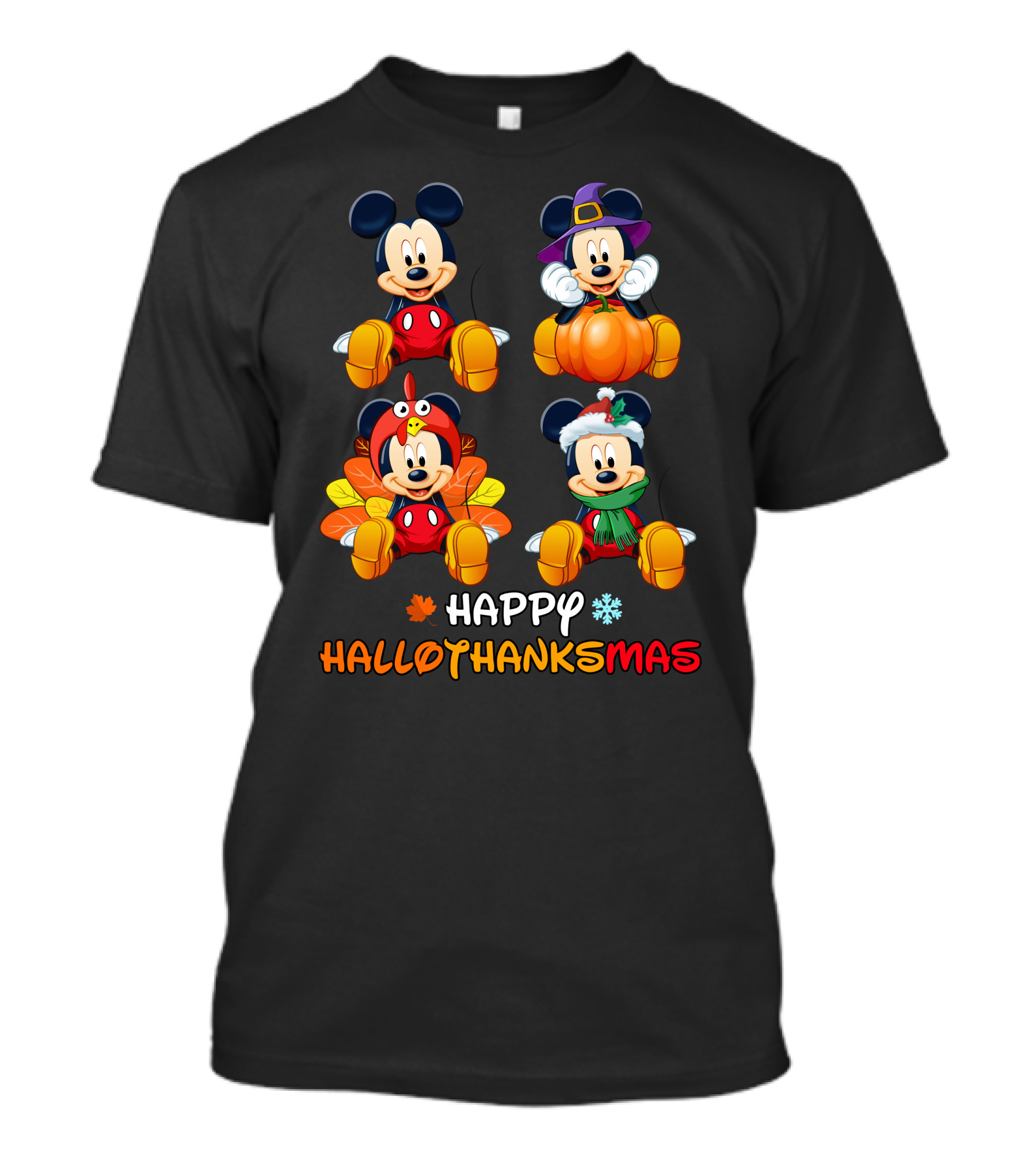 Happy Hallothanksmas Mickey In Halloween Thanksgiving And Christmas Outfits T-Shirt