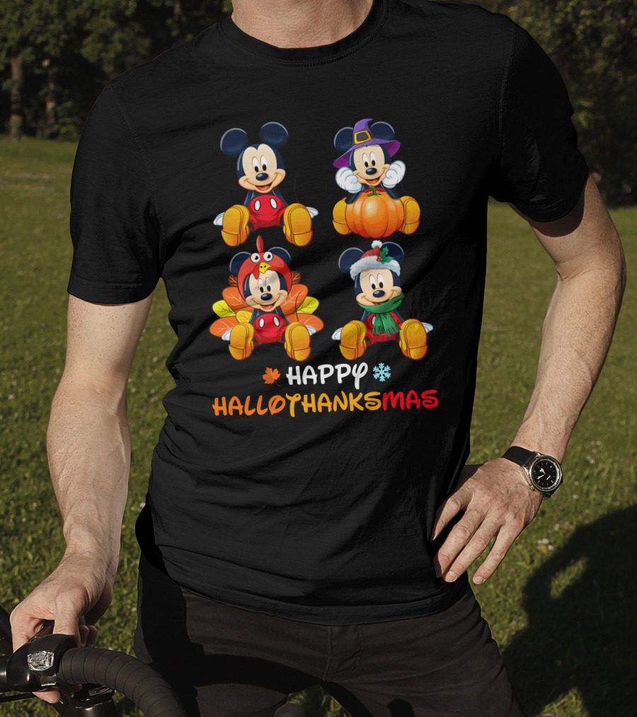 Happy Hallothanksmas Mickey In Halloween Thanksgiving And Christmas Outfits T-Shirt