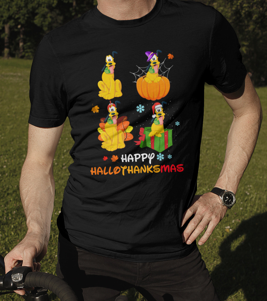 Happy Hallowthanksmas Pluto Pumpkin Leaves Present Snowflakes T-Shirt
