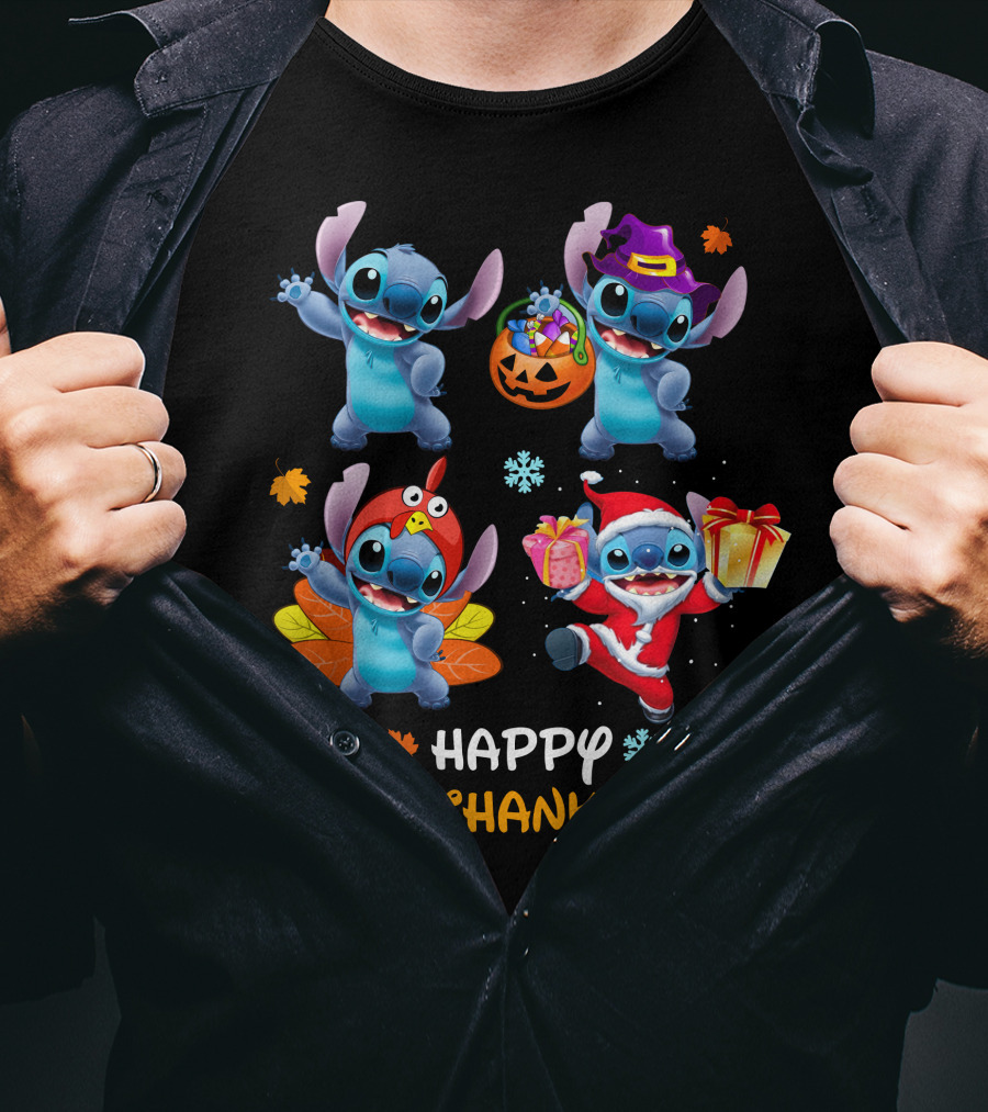 Happy Hallothanksmas Stitch Halloween Thanksgiving Christmas T-Shirt
